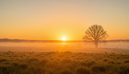 Sunrise over misty field with single tree. Golden hour sunrise scene showcasing serene landscape and lone tree silhouette. Tranquil sunrise image perfect for meditation, yoga, or wellness websites.