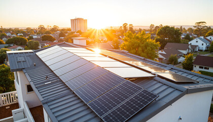 Residential solar panels installation on modern house roof at sunset. Rooftop solar energy system provides clean energy for home.