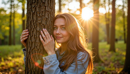 Young woman embracing tree trunk in sunlight. Girl with long red hair smiles gently, enjoying nature at sunset.  Peaceful forest scene ideal for wellness blog or eco-friendly campaign.