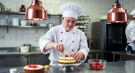 Down syndrome chef decorating delicious cake in professional kitchen. Person with down syndrome carefully adds raspberries to layered dessert.