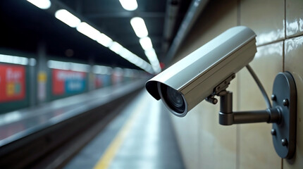 Security camera in subway station. Modern surveillance system in urban transport. High-tech security camera providing safety and monitoring subway passengers.