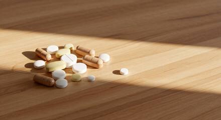 Assorted pills and capsules scattered on wooden surface.  Medicine concept for health, pharmacy, or medical blogs. Pharmaceutical image showcasing various tablets and capsules.