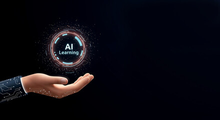 AI learning concept shown as glowing sphere in hand.  Innovative AI learning technology presented as futuristic sphere with digital particles.