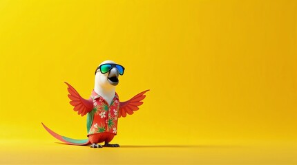 Tropical parrot wearing hawaiian shirt and sunglasses on yellow background. Parrot enjoys summer vacation. This fun parrot image is perfect for summer holiday designs, travel brochures,