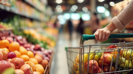 Person pushing shopping cart filled with fresh fruits and vegetables in supermarket aisle