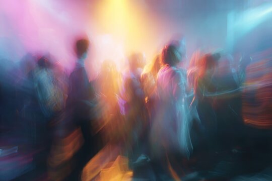 Vibrant Crowd Dancing at a Party Illuminated by Colorful Lights, Showcasing Energy and Motion, Concept of Entertainment, Nightlife, Event Promotion