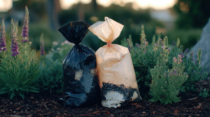 Garbage bags filled with waste sit on ground surrounded by vibrant flowers in garden, highlighting contrast between nature and litter. scene evokes sense of responsibility towards environment