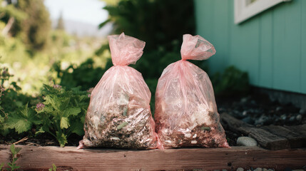 Bags of organic waste placed wooden surface garden setting, showcasing clean and eco friendly approach to waste management. vibrant colors of bags contrast with natural surroundings, evoking sense