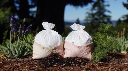 Gardening bags filled with soil and plants, surrounded by vibrant flowers and greenery, create serene and natural atmosphere in garden setting