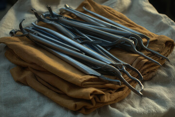 Minimalist garden tools arranged neatly soft fabric surface, showcasing their sleek design and functionality. warm tones of fabric complement metallic sheen of tools, creating harmonious aesthetic