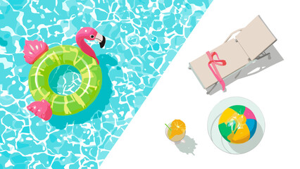 Top view of relaxing summer pool scene with green flamingo float, sunbed, sunglasses and tropical drink