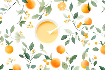 A bowl of orange smoothie with oranges and flowers around