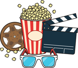 Vector illustration of cinema elements including popcorn, clapperboard, 3D glasses and film reel, movie night concept