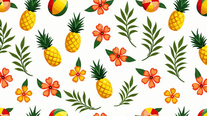 Colorful summer seamless pattern with pineapples, beach balls, leaves and flowers on white background, tropical theme