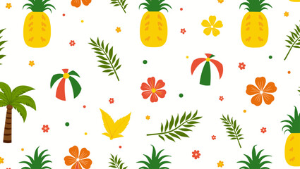 Seamless summer pattern with pineapples, palm trees, leaves and tropical flowers, colorful and playful vacation design