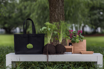 Eco conscious gardening is showcased with stylish black tote bag, vibrant plants, and healthy root systems displayed on white bench in serene outdoor setting