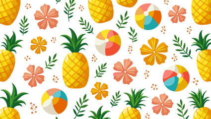 Seamless tropical pattern with pineapples, beach balls, leaves and flowers on white background, summer vacation theme