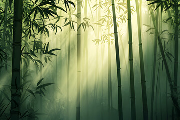 Serene bamboo forest with sunlight filtering through tall green stalks and soft mist in the background