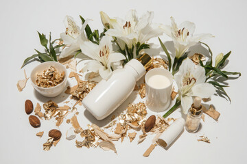 Beautiful arrangement featuring white cosmetic bottle, small cup, and dropper bottle surrounded by white flowers, gold flakes, and almonds, creating elegant and luxurious aesthetic