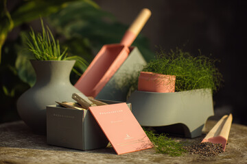 Luxurious gardening set featuring stylish pots, tools, and seeds, perfect for enhancing any garden space. elegant design and soft colors evoke sense of tranquility and sophistication