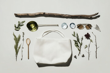 Minimalist flat lay featuring white bag, sunglasses, wooden stick, and various natural elements like leaves and herbs, creating serene and stylish arrangement