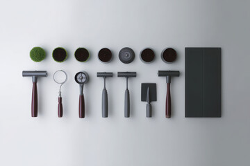 Minimalist flat lay of gardening tools including rollers, trowels, and pots arranged neatly on light background, showcasing clean and organized workspace for gardening enthusiasts
