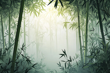 Serene bamboo forest with misty atmosphere, sunlight filtering through dense foliage