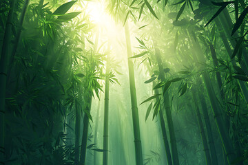 Serene Bamboo Forest with Sunlight Filtering Through Lush Green Canopy, Evoking Tranquility