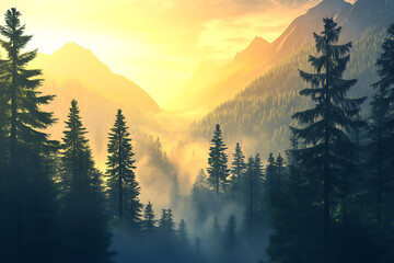 Serene sunrise over misty mountains with towering trees and a tranquil valley in the background