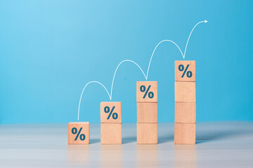 Percentage growth. Increase in financial interest rate, sales increase, mortgage or taxes. percent growth. Wooden stairs with increasing percentage icons