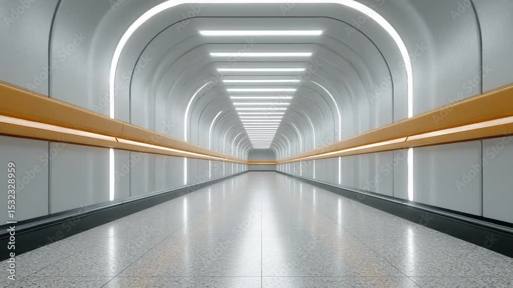 Poster Modern Architectural Passage: A symmetrical, futuristic tunnel or walkway with sleek design. Illuminated by linear LED lights and framed by subtle golden accents.