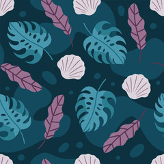 Seamless pattern with tropical leaves and sea shells on dark background. Exotic vector design with monstera leaves for textile, wallpaper, or wrapping. Tropical leaves in flat modern style.