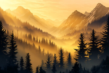 Majestic mountain landscape at sunset with golden light illuminating the forest below