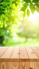 Sunlit green nature background with wooden table outdoor setting photography bright atmosphere close-up view