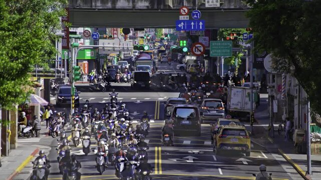 A timelapse of traffic jam at the downtown street in Taipei telephoto shot zoom