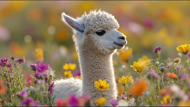 A charming alpaca with white fluffy fur poses against the backdrop of a bright flowering meadow. Looks around.