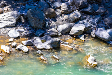 River steam Inn with rocks nature between mountains in Tyrol Austria.