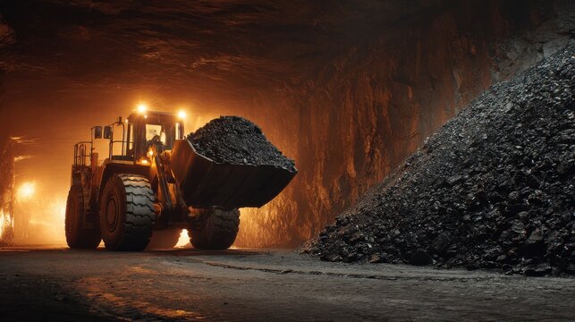 A large excavator operates in a dimly lit underground mine, moving a load of coal. The machinery's lights illuminate the dark surroundings as it performs essential mining tasks