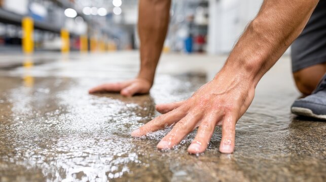 Close-up of hands touching water on a wet floor, worker checking water leak in warehouse. - Powered by Adobe
