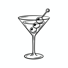 Martini cocktail with olives line art illustration