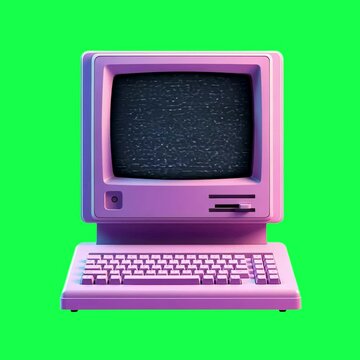 Retro computer with vibrant colors animation, transparent 4K video, green screen