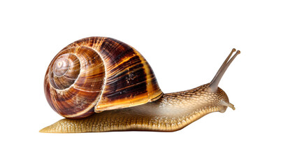 Snail on White A Close-Up of Nature's Slow Traveler, Showing Shell, Body, and Antennae Details Against a Clean Background