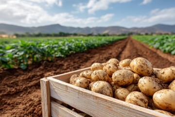Freshly harvested potatoes in a wooden crate, field of potato plants stretches into the distance, mountains and blue sky.