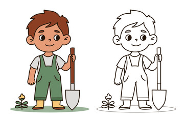 Cute boy Gardening in overalls with Shovel. Male Kid farmer character set. Isolated Color and Outline linear hand drawing. Vector illustration