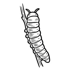 Black and white illustration of a caterpillar on a stem