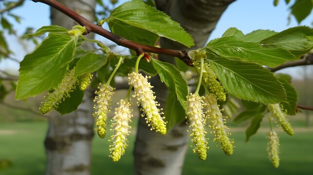 Closeup of Alder Tree Catkins and Fresh Green Leaves in Spring