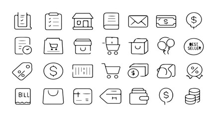 A collection of hand drawn style shopping and e commerce icons in a grid pattern against a white background