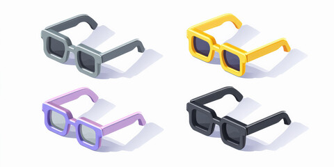 Iconos 3d de Gafas de sol  de dibujos animados cuadradas retro de colores con diseños en amarillo, morado gris y negro, aisladas sobre fondo transparente. Concepto cuidado de la salud visual