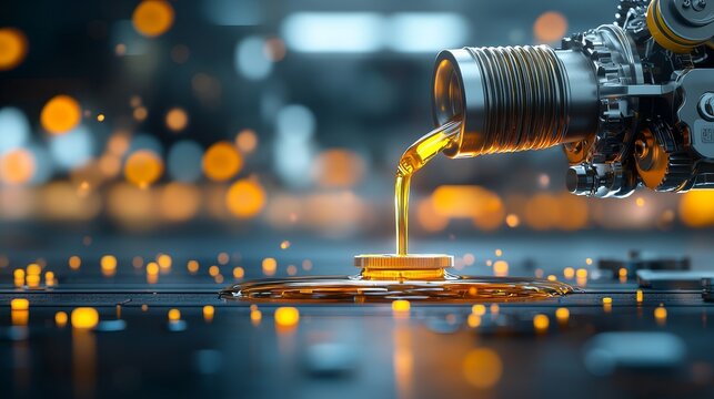 Oil pouring from engine component industrial workshop close-up shot clean environment dynamic perspective manufacturing process
