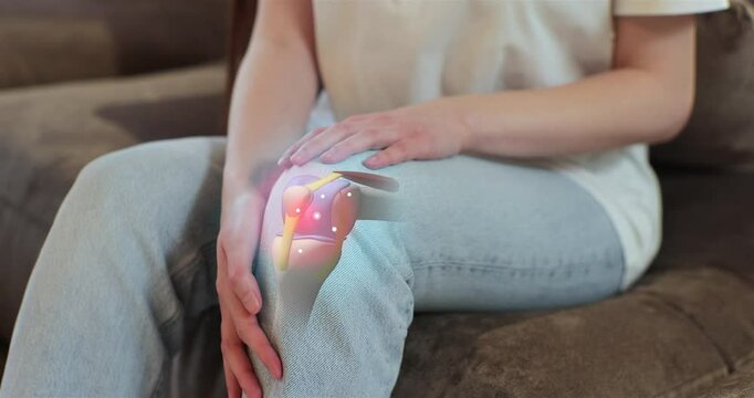3d augmented reality animation joint and knee pain. Close up of knee and Joint pain a young woman experiencing discomfort due to a leg injury or arthritis. Muscle massage to relieve muscle spasms